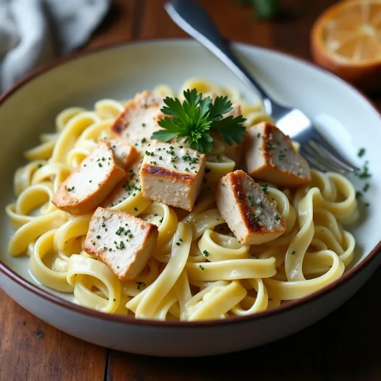 Creamy chicken fettuccine alfredo in a bowl with grilled chicken and Parmesan sauce