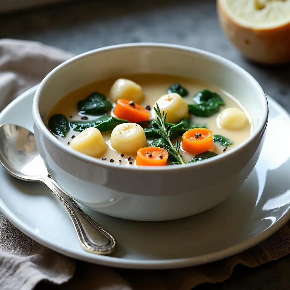 Creamy chicken and gnocchi soup in white bowl with tender chicken, soft gnocchi, and fresh spinach