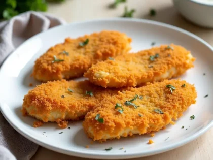 Crispy panko breaded chicken cutlets with golden coating on white plate