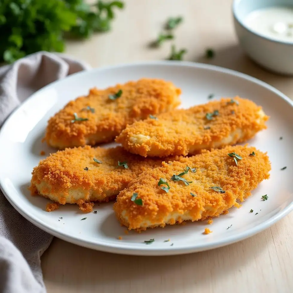 Crispy panko breaded chicken cutlets with golden coating on white plate