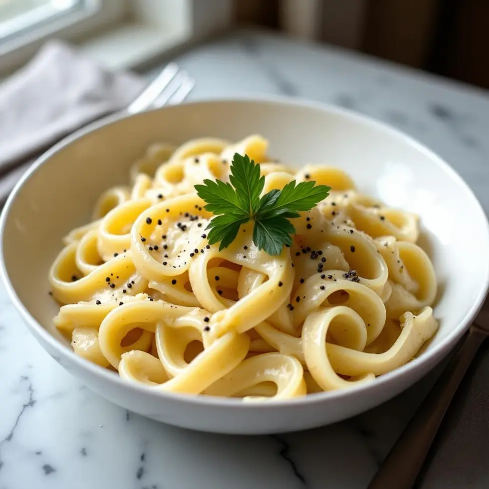 Creamy garlic parmesan pasta in white bowl with fresh herbs, quick weeknight dinner recipe