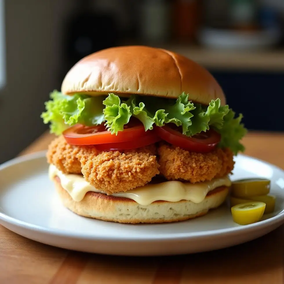 Quick chicken sandwich with crispy breaded chicken, lettuce, tomato, and mayo on a toasted bun