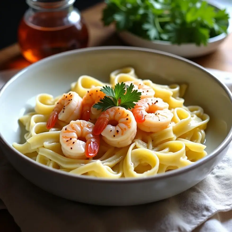 Creamy shrimp alfredo with fettuccine pasta and sautéed shrimp in white parmesan sauce
