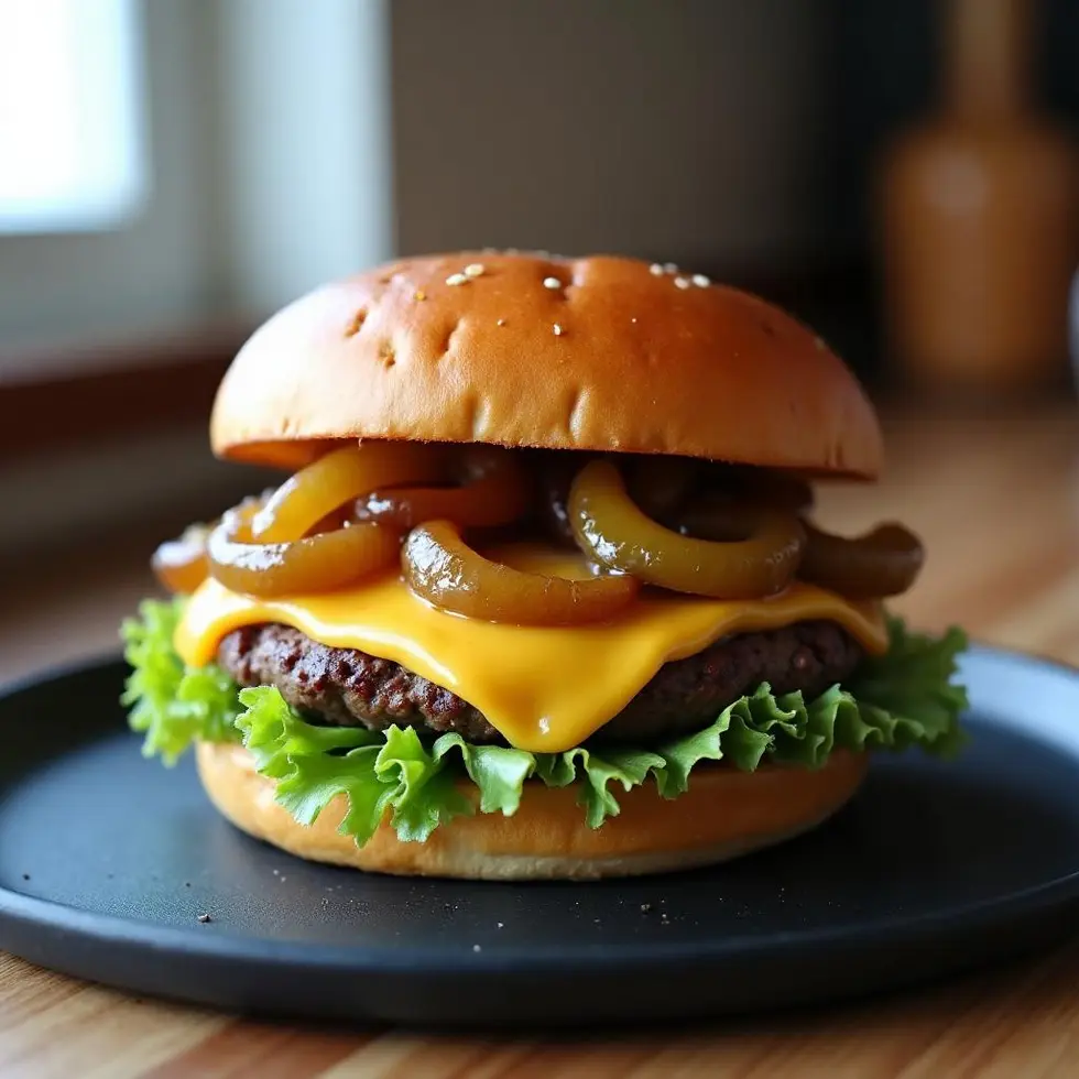 Smash burger with caramelized onions, melted cheese, lettuce, and pickles on a toasted bun