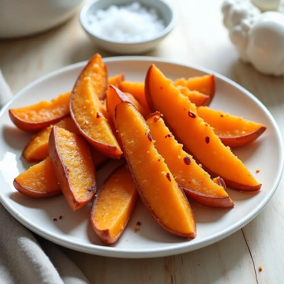 Golden crispy air fryer sweet potato wedges and fries on white plate with caramelized edges