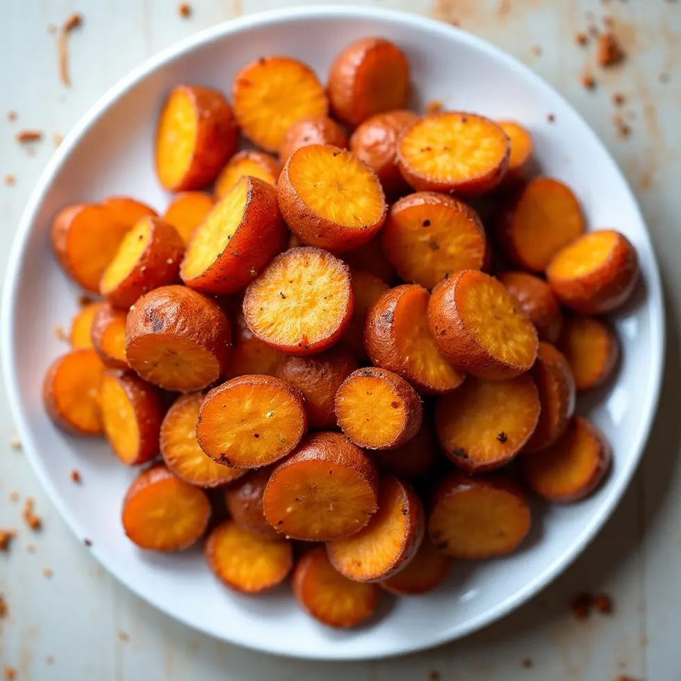 Golden air fryer sweet potato wedges and fries with crispy edges on white plate