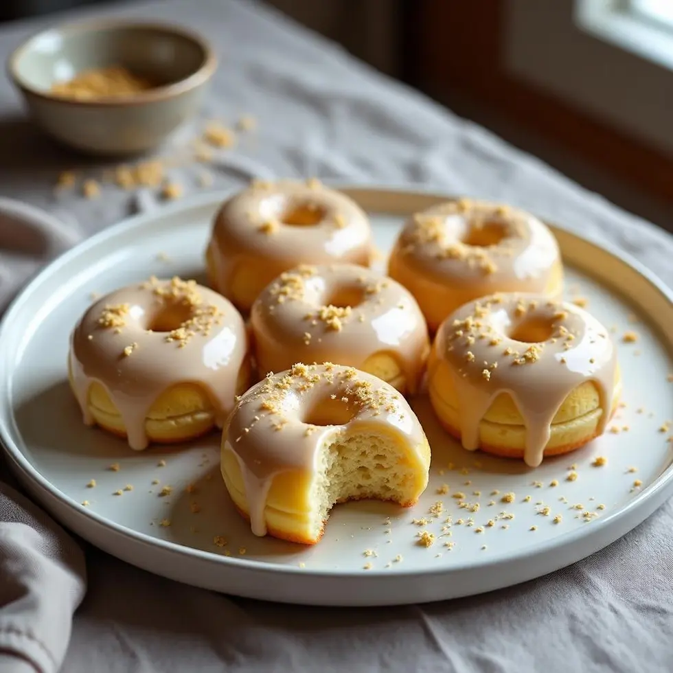 Baked eggnog donuts with white glaze and nutmeg on a white plate