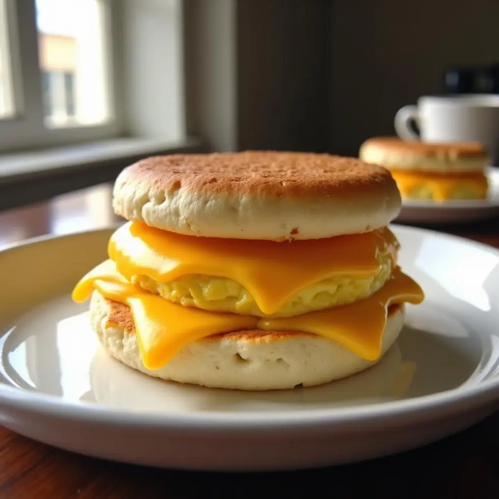 Breakfast sandwich with melted cheese and fluffy eggs on toasted English muffin