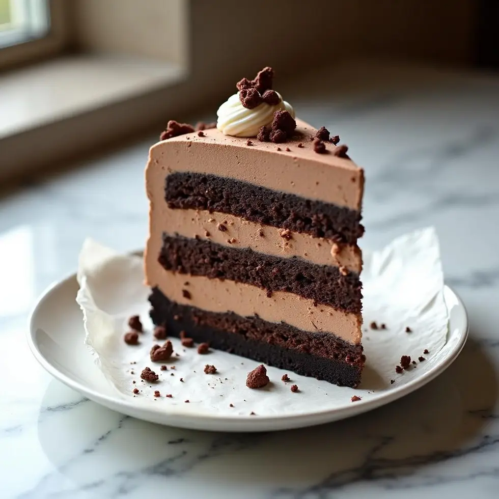 Slice of layered chocolate mousse cheesecake with whipped cream and chocolate shavings
