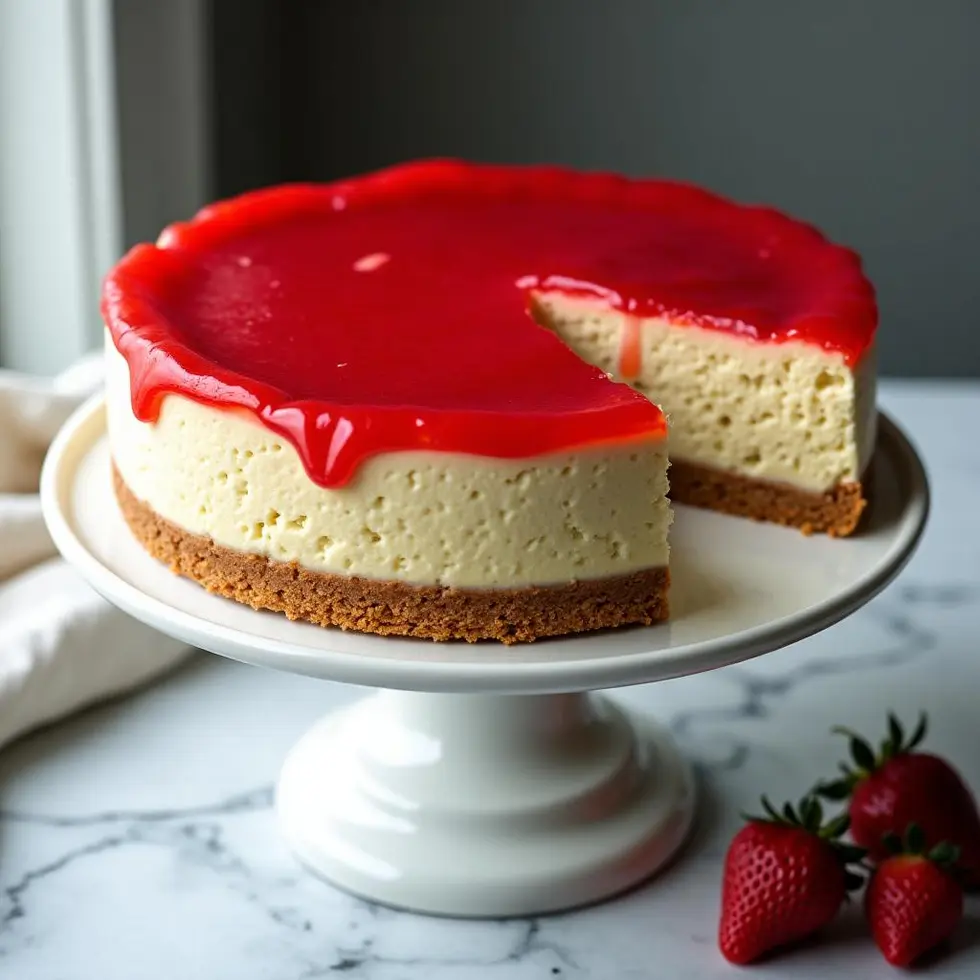 Whole strawberry cheesecake with glossy topping and graham cracker crust on white stand