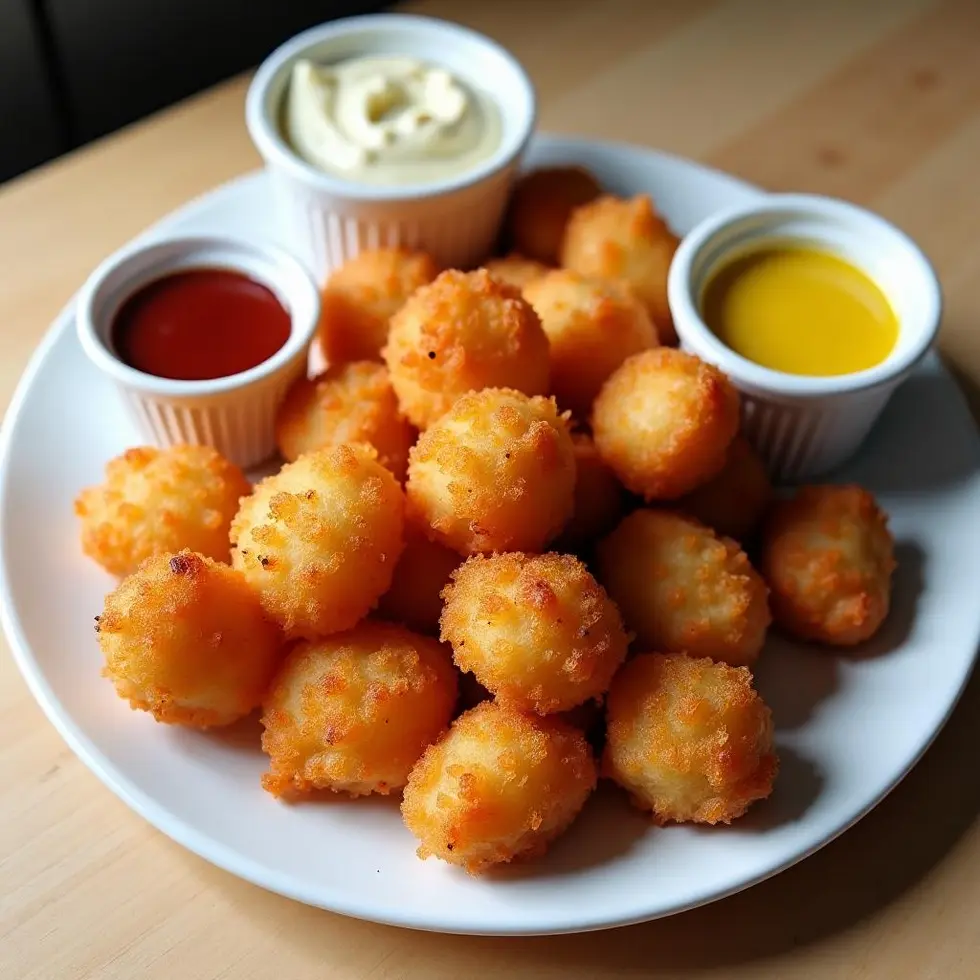 Crispy homemade chicken nuggets on white plate with three dipping sauces