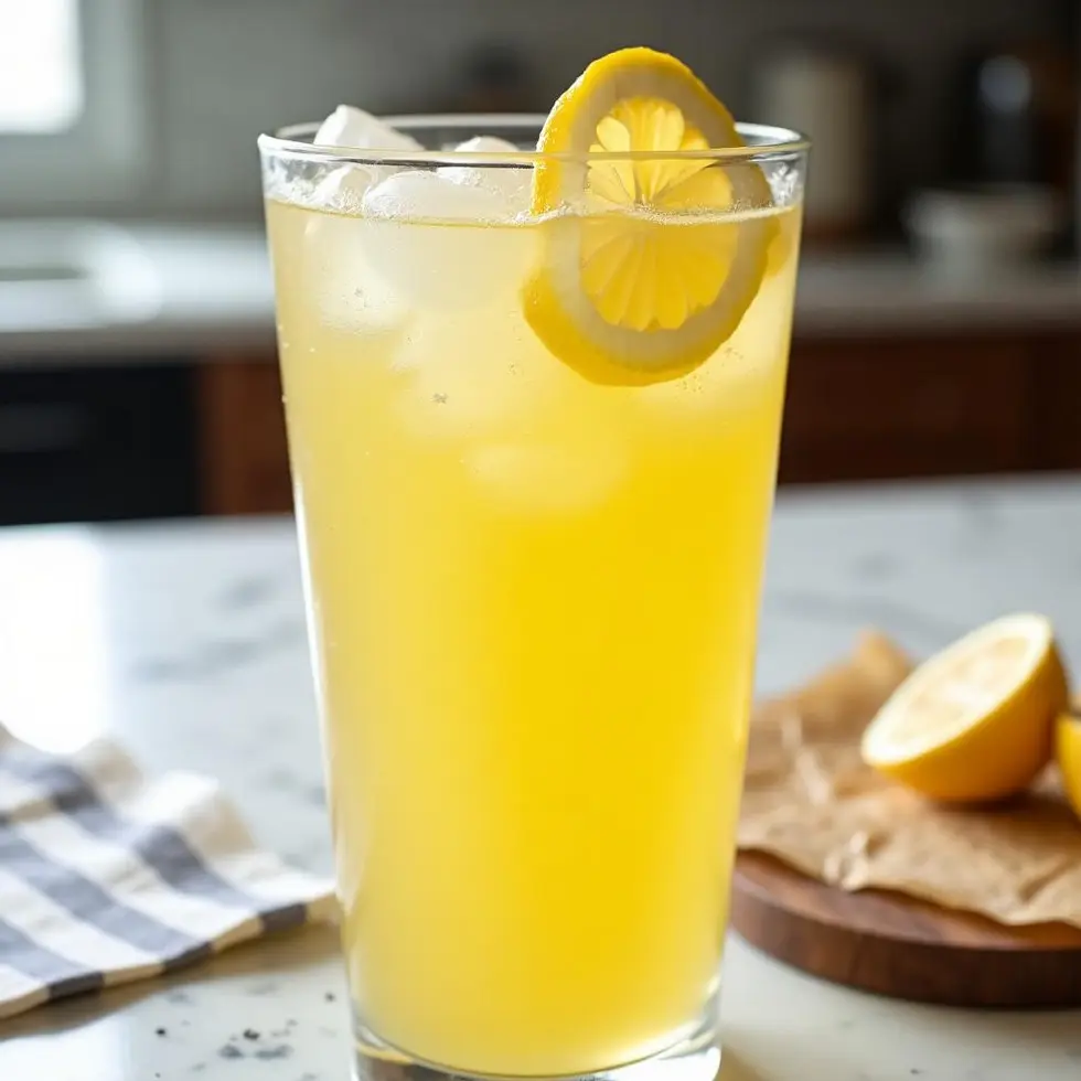 Tall glass of homemade Chick-fil-A style lemonade with ice and fresh lemon slices