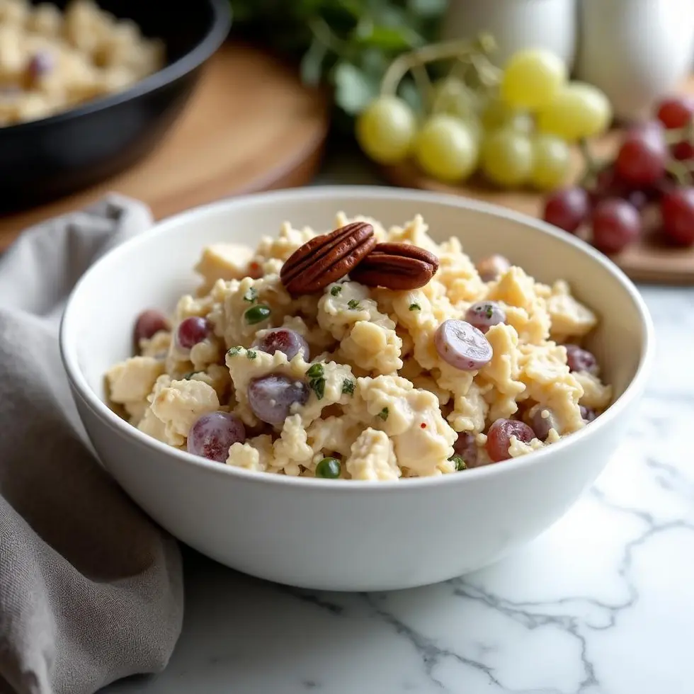 Creamy chicken salad with grapes and pecans in a white bowl, Fancy Nancy style