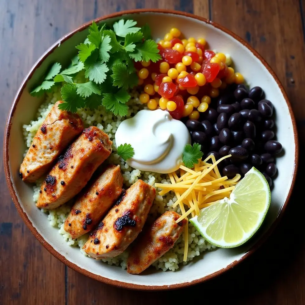 chipotle chicken burrito bowl recipe with chipotle chicken bowl, burrito bowl recipe, copycat chipotle bowl, cilantro li