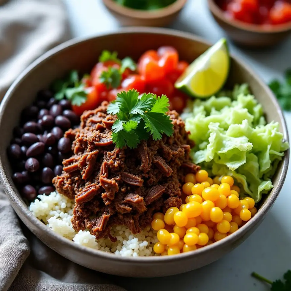 Chipotle copycat barbacoa burrito bowl with shredded beef, rice, beans, and fresh toppings