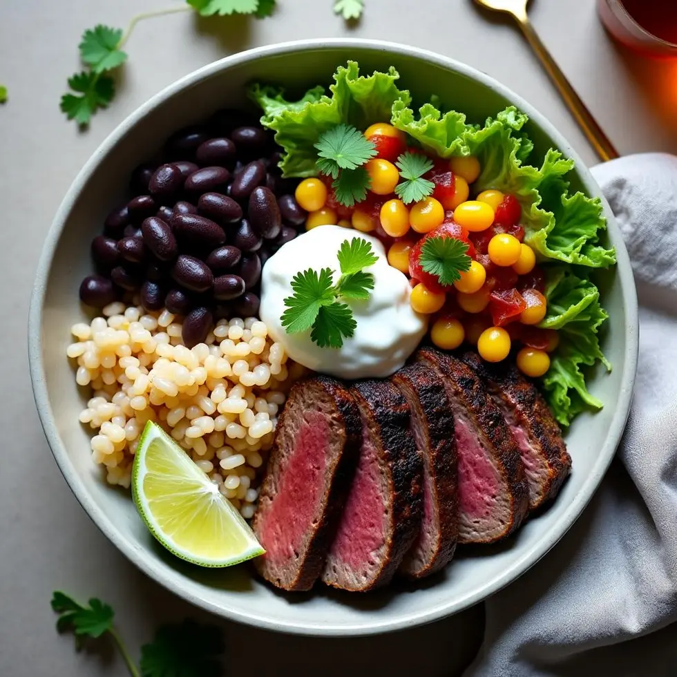 Chipotle steak bowl with seasoned steak, cilantro lime rice, black beans, and fresh toppings