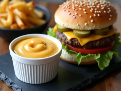Creamy Big Mac sauce in white bowl next to homemade burger with sesame bun and fresh toppings