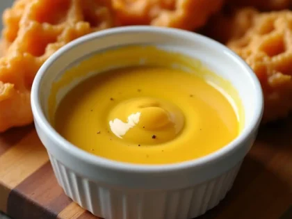 Golden honey mustard sauce in white ramekin with chicken tenders and waffle fries for dipping