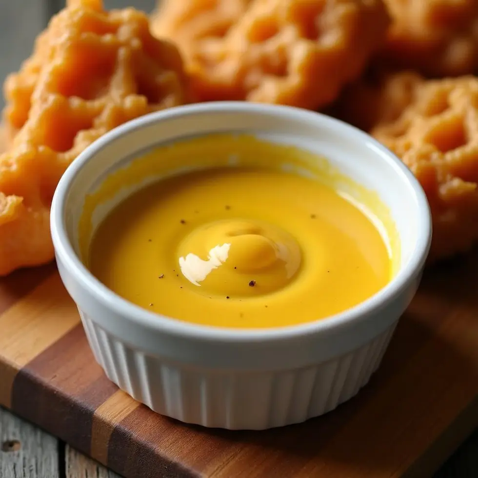 Golden honey mustard sauce in white ramekin with chicken tenders and waffle fries for dipping