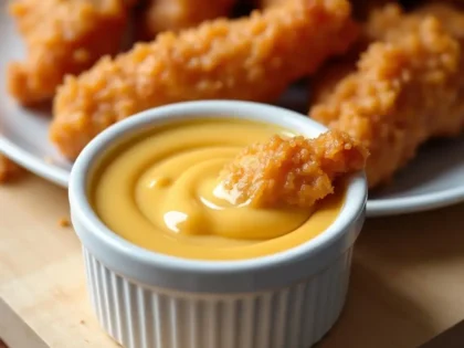 Creamy homemade Chick Fil A sauce in white ramekin with golden chicken tenders for dipping
