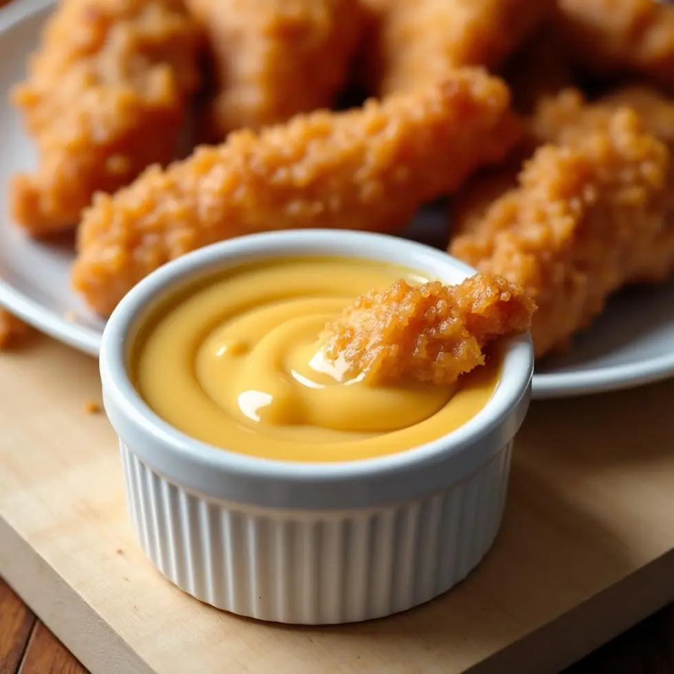 Creamy homemade Chick Fil A sauce in white ramekin with golden chicken tenders for dipping