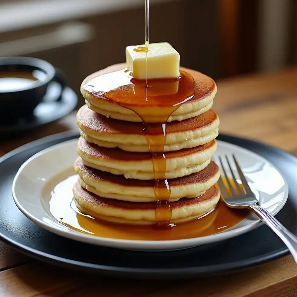 Stack of fluffy golden copycat IHOP pancakes with butter and maple syrup on white plate