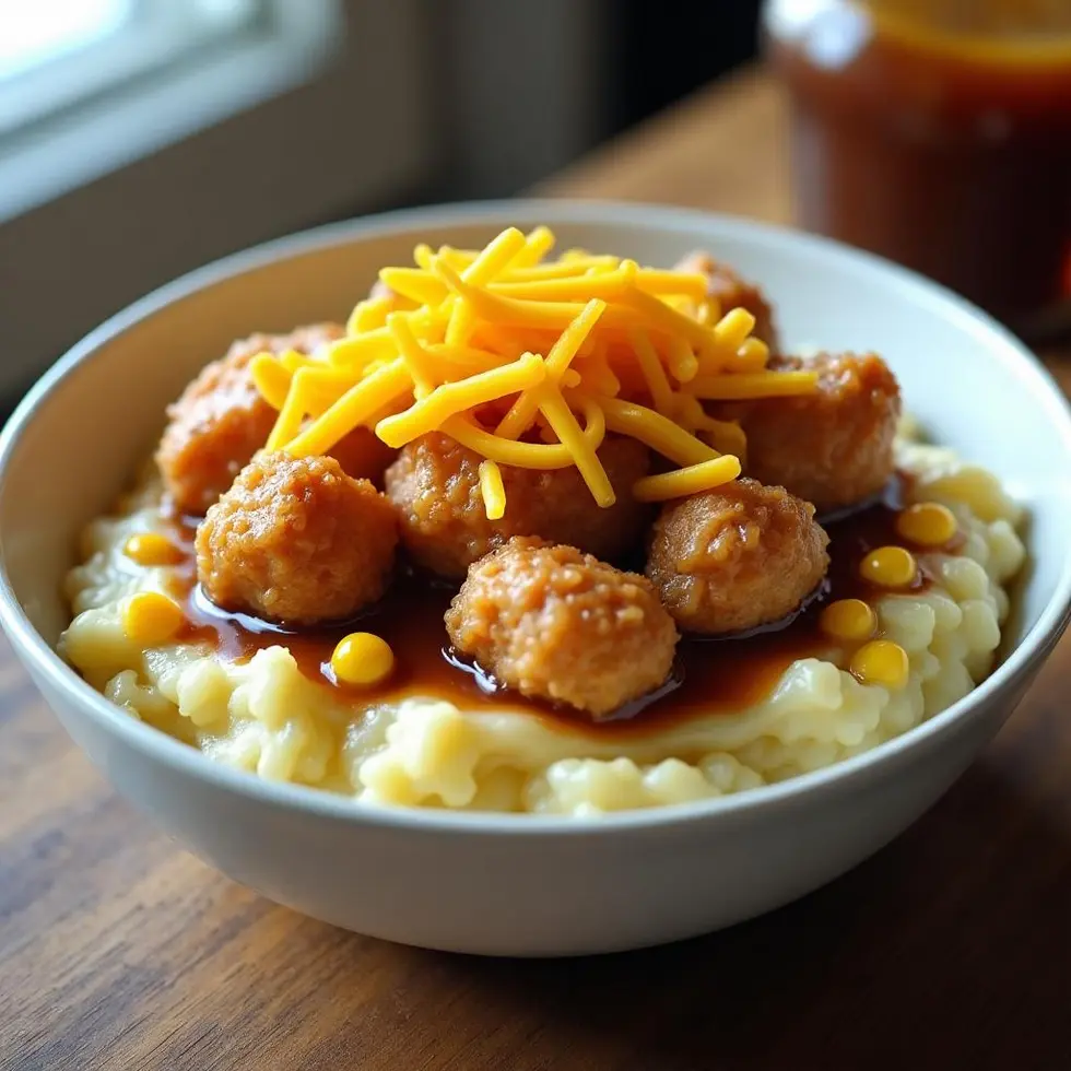 Copycat KFC bowl with mashed potatoes, crispy chicken, corn, gravy, and cheese in a wide shallow bowl