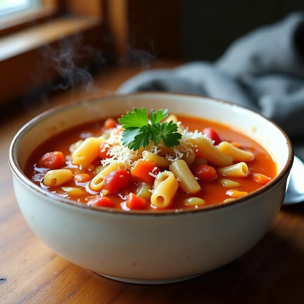 Bowl of copycat Olive Garden pasta fagioli soup with beans, pasta, and vegetables in tomato broth