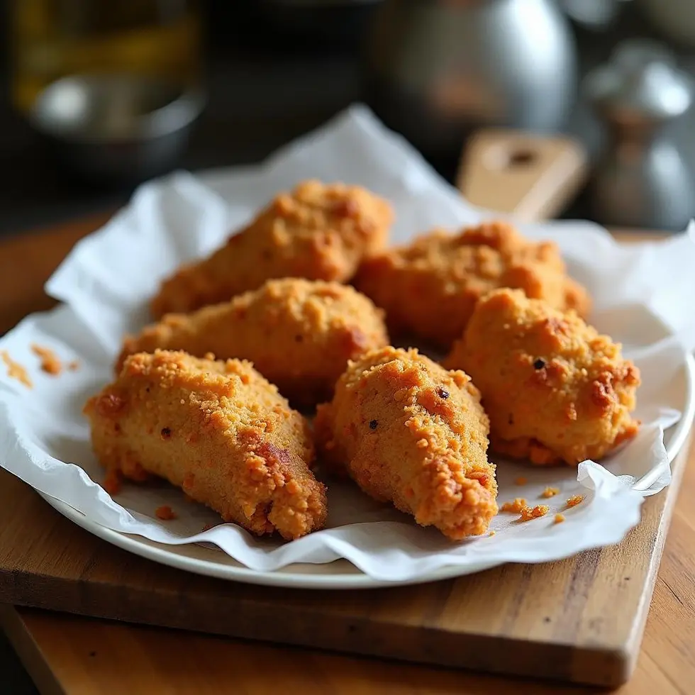 Crispy golden fried chicken with seasoned crust on parchment paper