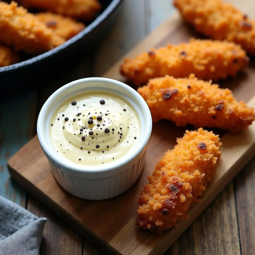 Creamy blackened ranch sauce in white ramekin with crispy chicken tenders for dipping