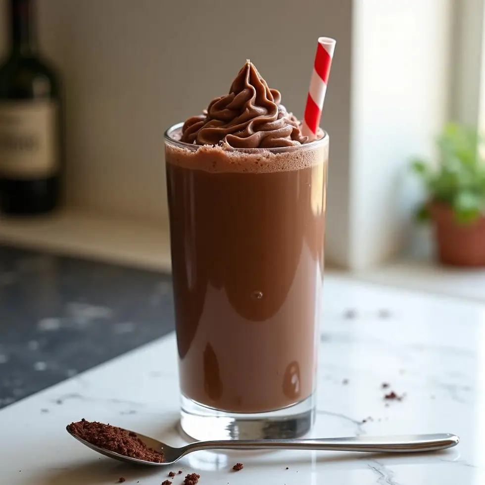 Thick chocolate frosty in a tall glass with straw on marble counter