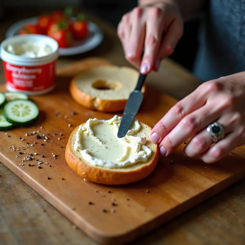 bagel with cream cheese served on a casual kitchen table