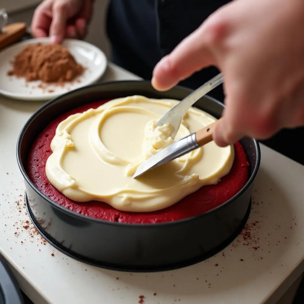 cheesecake factory red velvet cheesecake copycat served on a casual kitchen table