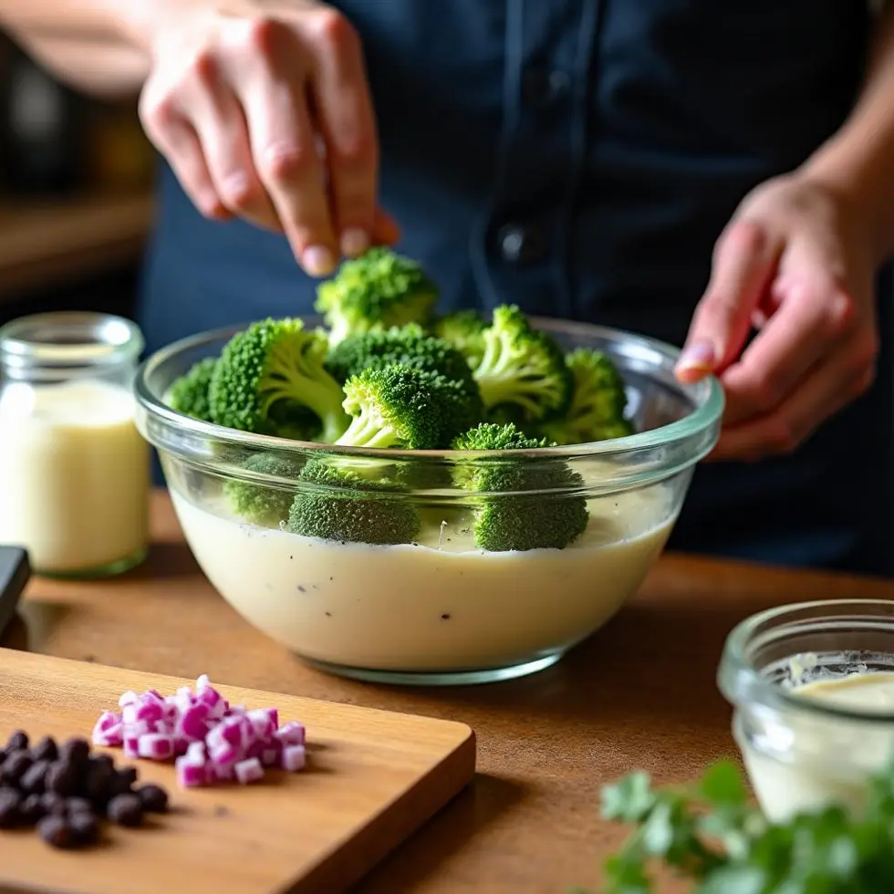chicken salad chick broccoli salad recipe served on a casual kitchen table