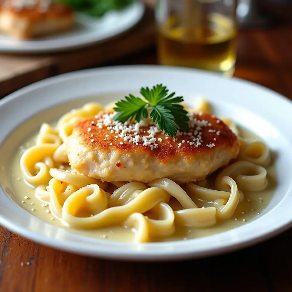 Golden parmesan chicken breast over creamy fettuccine pasta on white plate