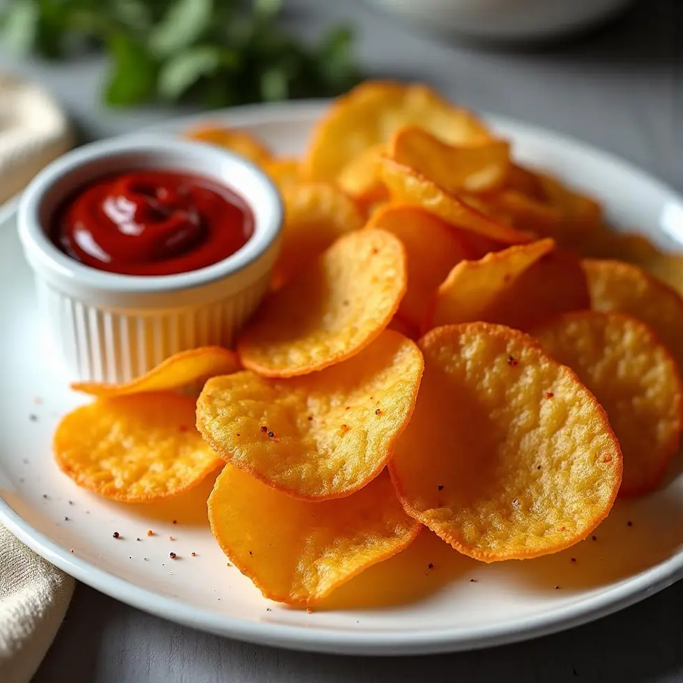 Crispy chips served with a small bowl of ketchup on a wooden table