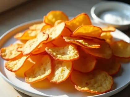 Golden crispy air fryer chips piled on a white plate with visible paprika seasoning