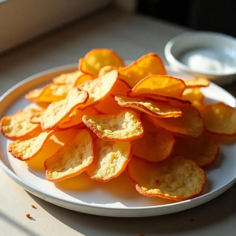 Golden crispy air fryer chips piled on a white plate with visible paprika seasoning