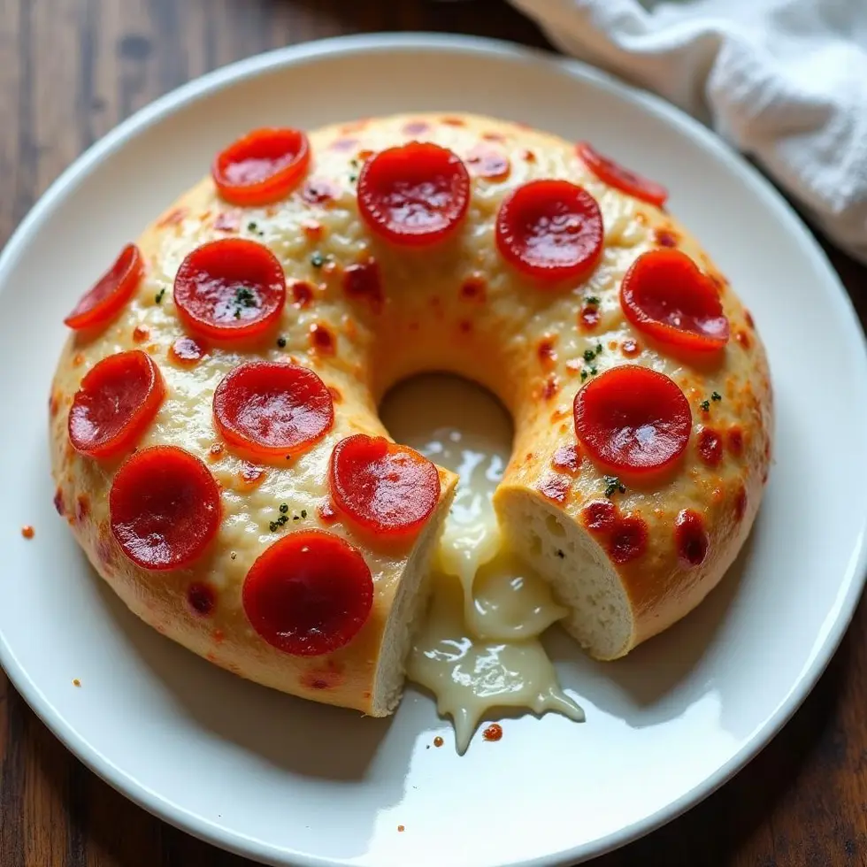 Melted mozzarella stretching between two pizza bagel halves, overhead view