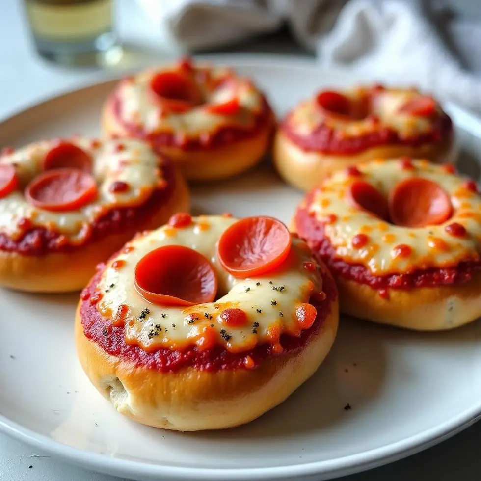 Air fryer pizza bagels with melted cheese and pepperoni on a white plate, golden crispy edges