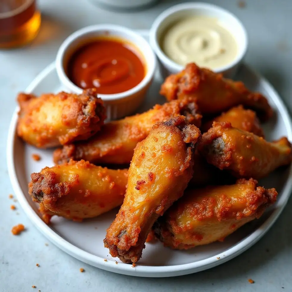 Crispy wings served with three sauce options: buffalo, BBQ, and garlic Parmesan