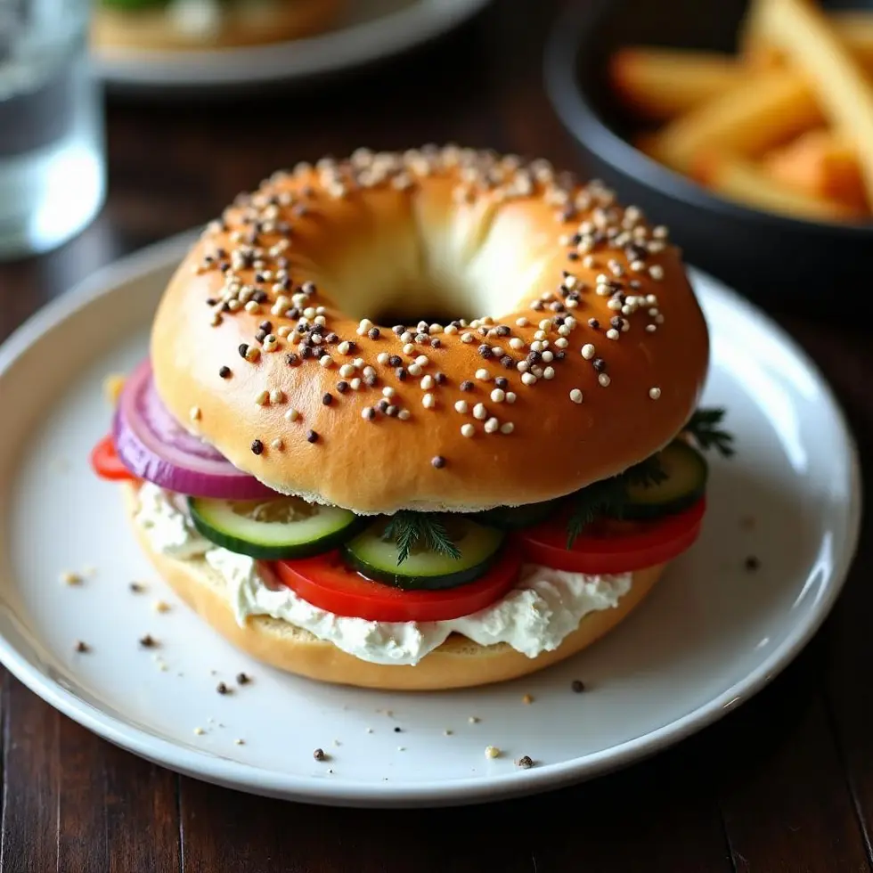 Closed bagel sandwich with cream cheese and vegetable toppings on a white plate