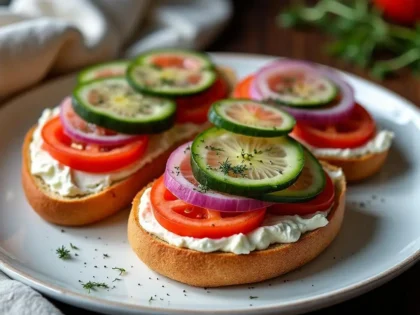 Toasted bagel halves topped with cream cheese, tomato, cucumber, red onion, and fresh dill on a white plate