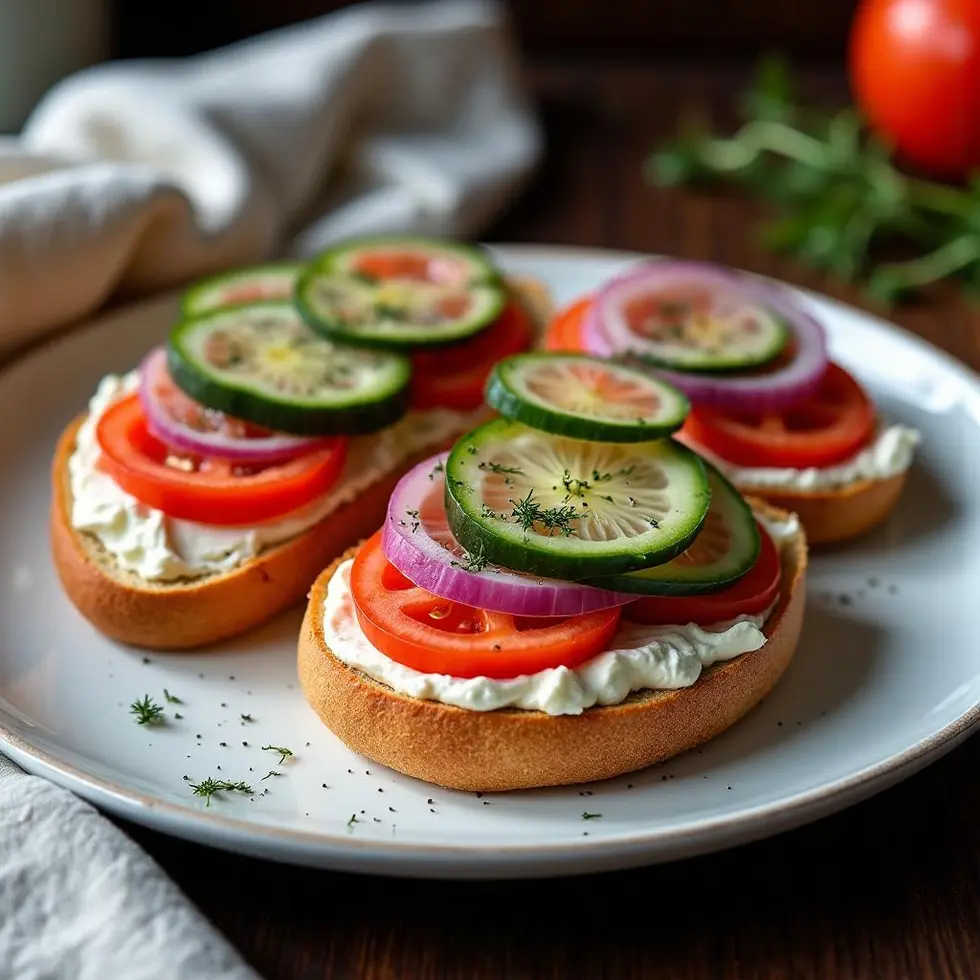 Toasted bagel halves topped with cream cheese, tomato, cucumber, red onion, and fresh dill on a white plate — bagel with cream cheese