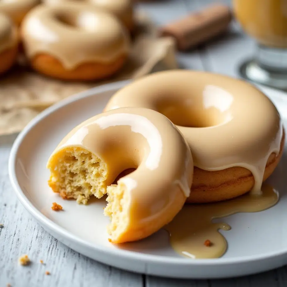 Glazed eggnog donut broken in half showing fluffy interior