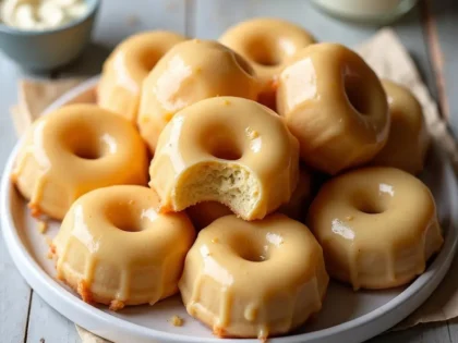 Golden baked eggnog donuts with ivory glaze on a white plate