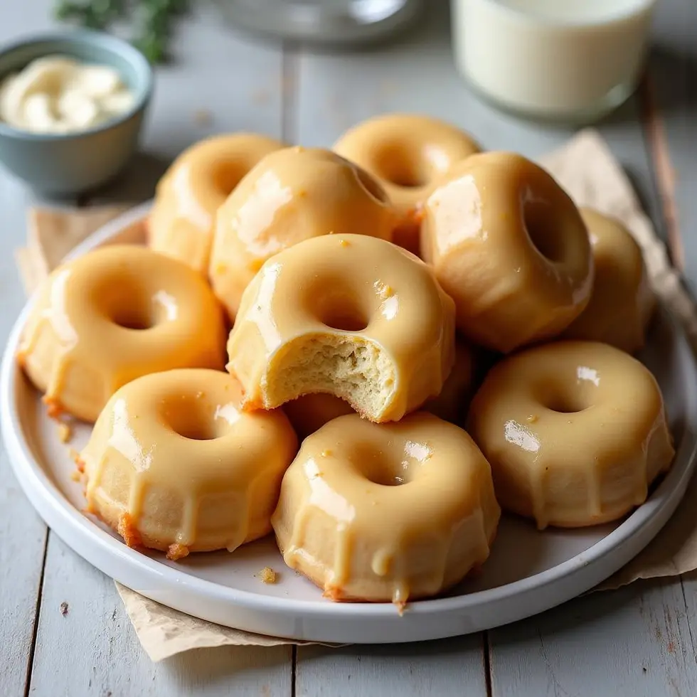 Golden baked eggnog donuts with ivory glaze on a white plate — baked eggnog donuts recipe