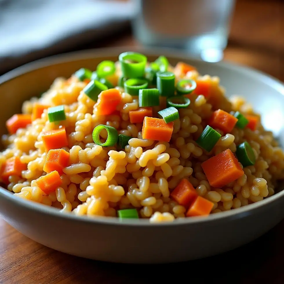 Benihana fried rice in a ceramic bowl with chicken, egg, and vegetables glossy with garlic butter — benihana copycat fried rice