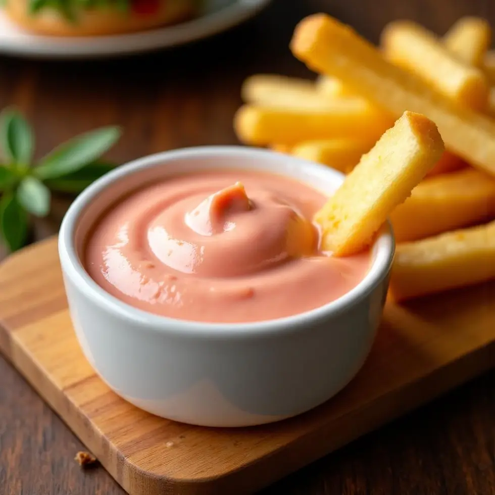 Burger sauce in a ramekin with golden fries for dipping on a wooden board