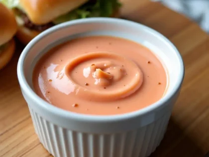 Homemade burger sauce in a white ramekin, pale coral pink and creamy with pickle relish flecks